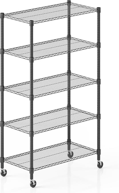 Himimi 5-Tier Heavy Duty Steel Wire Rack Storage Shelving, Adjustable Metal Storage Shelves with Wheels, 82''H Wire Shelf for Kitchen Garage Basement Pantry Organization, 18" D×36" W×82" H-Black