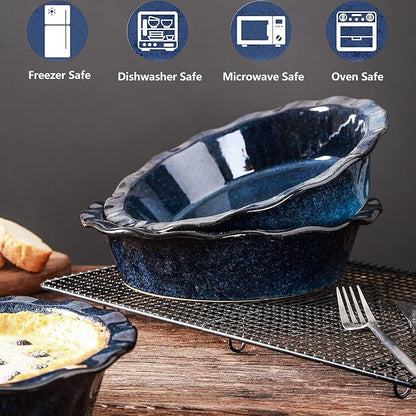 vicrays Ceramic Pie Pan for Baking - 9 inch Pie Plate, Round, Fluted and Deep Pie Dish for Tart, Pizza, Apple Pie, Quiche, Pot Pies, Cake - Reactive Glaze (Starry Blue)