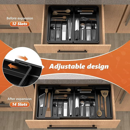 Large Silverware Drawer Organizer,utensil drawer organizer Adjustable Flatware and Cutlery Holder BPA Free Plastic Utensil Tray for Kitchen Spoons Forks Knives Black 21.6 to 38 Inches