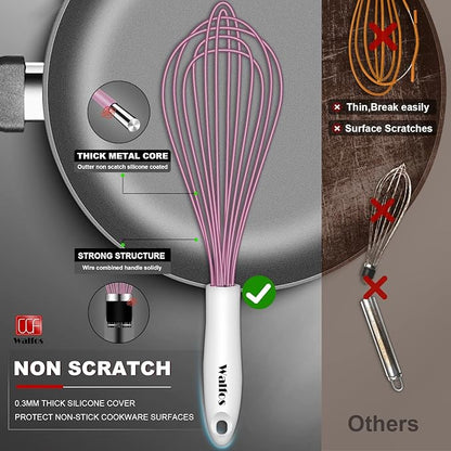 Walfos Whisk, Silicone Whisks for Cooking & Baking Non Scratch Rubber Coated Pink Whisk for Non-stick Wisk, Perfect for Frothing, Blending, Beating and Whisking (3pack Pink)