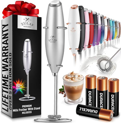 Zulay Kitchen Powerful Milk Frother Wand With 4 AA Duracell Batteries - Ultra Fast Handheld Drink Mixer - Electric Whisk Foam Maker for Coffee, Lattes, Cappuccino, Matcha & Creamer