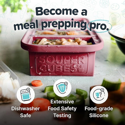 Souper Cubes 1 Cup Silicone Freezer Tray with Lids, Perfect for Storing Broth, Leftovers, Rice, Sauce and More, Silicone Soup Freezer Molds for Meal Prepping - Cranberry - 2-Pack