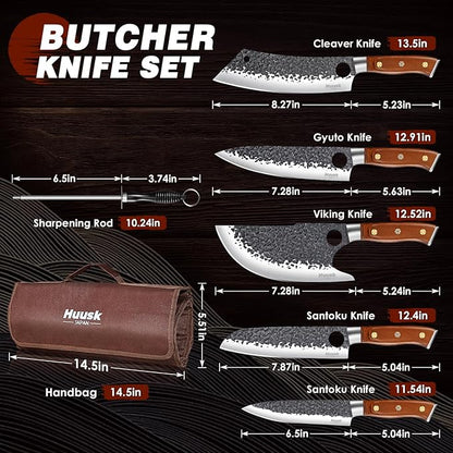 Huusk Butcher Knife Set, 8pcs Viking Chef Knife Set with Roll Bag, High Carbon Steel Forged Viking Knife, Meat Cleaver, Kitchen Knives Sets for Cooking Camping BBQ, Gift for Men Husband