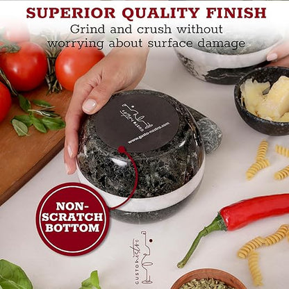 Gusto Nostro Natural Marble Mortar and Pestle Set | 5 Inch - 2.5 Cup Large Mortar Pestle Set for Grinding Herbs, Nuts, Grains | Pesto Grinding and Guacamole Stone Bowl | Marble Spice Crusher