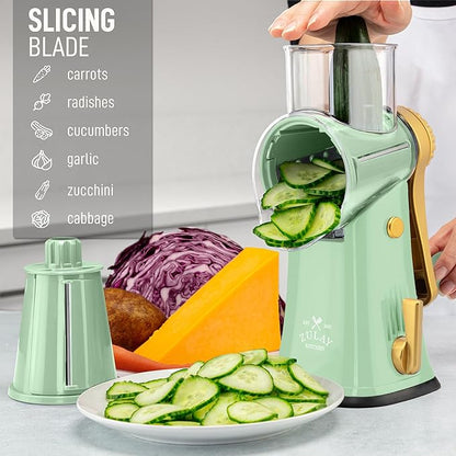 Zulay Kitchen Rotary Cheese Grater 5 Blade Cheese Shredder - Manual Hand Crank Cheese Grater With Reinforced Suction & 5 Interchangeable Drums - Easy to Use, Vegetable Chopper Round Mandoline Slicer