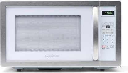 Farberware Countertop Microwave Oven 1000 Watt Power Auto Cook Settings, Defrost, Easy Clean and Child Safety Lock, 1.1 Cu. Ft, White Platinum