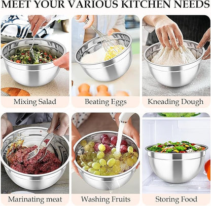 TeamFar Mixing Bowls, 6PCS Stainless Steel Nesting Mixing Salad Bowl with Lids & 3 Grater Attachments, for Food Cooking Baking Storing, Healthy, Khaki - 4.6/2.6/2 / 1.5/1 / 0.7 QT