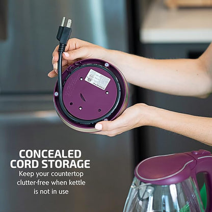 OVENTE Electric Kettle, 1.5L Borosilicate Glass Countertop Water Heater and Boiler for Coffee or Tea, BPA-Free, Auto Shut-Off, Boil-Dry Protection, Removable and Washable Spout Filter, Purple KG83P
