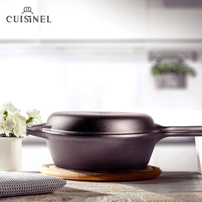 Cuisinel Cast Iron Skillet + Lid - 2-In-1 Multi Cooker - Deep Pot + Frying Pan - 3-Qt Dutch Oven - Pre-Seasoned Oven Cookware - Works for Bread, Indoor/Outdoor, Grill, Stovetop and Induction