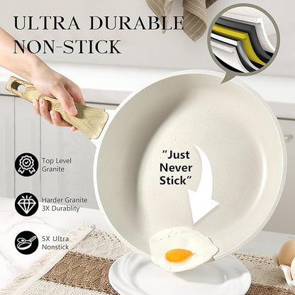 GiPP Non Stick Frying Pan Set - 8" 9.5" 11" Granite Nonstick Pan Skillet, Non Toxic Pans for Cooking, Omelette Pan with Stay Cool Handle, Induction Compatible, PFAS/PTFE/PFOA Free, White