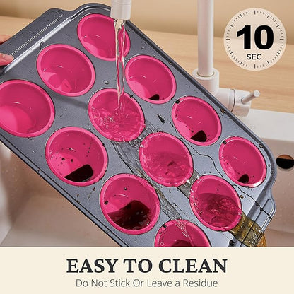 BRONYPRO Silicone Muffin Pans for Baking with Metal Frame, Egg Bite Molds, Cupcake Pans 12 Regular Size, Muffin Tins Easy to Pop Nonstick Non Toxic Bakeware for Oven,Rose Pink