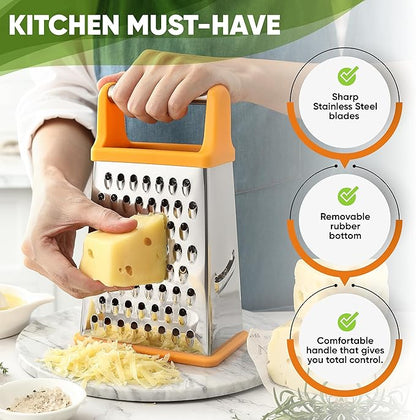 Spring Chef Handheld Stainless Steel XL Parmesan Cheese Grater with Handle - 4 Sided Manual Box Grater for Kitchen - Dishwasher Safe Cheese Shredder for Carrot, Potato, Vegetables, Hash Brown - Mango