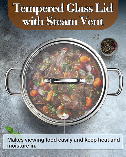Cook N Home Stainless Steel Stockpot 8 Quart, Tri-Ply Clad Soup Pot with Glass Lid, Induction Compatible, Heavy Duty Canning Pot, Dishwasher Oven Safe, Silver