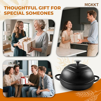 MGKKT Enamelled Cast Iron Dutch Oven with Cloche Lid, 5QT Round Bread Pot for Sourdough Bread Baking, Baking Enthusiast Gift, Cast Iron Bread Oven, Black