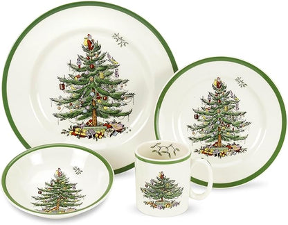 Spode Christmas Tree 4-Piece Dinnerware Setting - Fine Earthenware Holiday Tableware - Dishwasher & Microwave Safe, Festive Christmas Plates, Bowls, Mug - Holiday Dining Essentials
