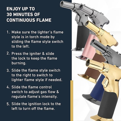 Dual Flame Butane Torch Gun - Refillable Luxury Hand Held Mini Blow Torch for Cooking, Creme Brulee, Soldering, Welding, & Resin Art - Adjustable Flame with Ignition Lock - Steel Blue by inZaynity