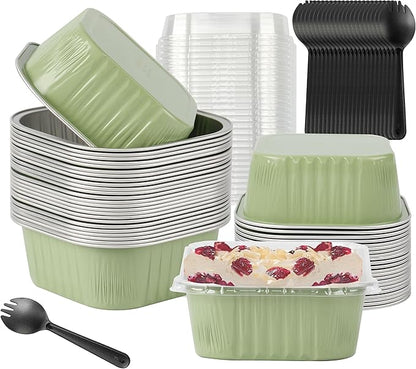 Cupcake Liners With Lids, BAKINGPAK 30PCS 10oz Square Mini Aluminum Pans with Lids Mini Cake Pans with Lids Disposable Aluminum Foil Ramekins with Lids Baking Cups With Lids for St. Patrick's Day,Fern