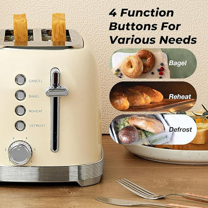 Toaster 2 Slice Retro Stainless Steel with 1.5” Extra Wide Slots Bagel, Defrost, Reheat, Cancel Functions, 6 Bread Shade Settings, Removable Crumb Tray, Cream White