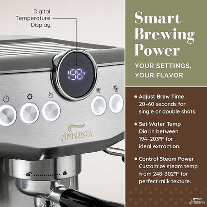 Espresso Machine 20 Bar with Steam Milk Frother | Stainless Steel Espresso Maker with Customizable Brewing Temperature | 60oz Removable Water Tank | Perfect for Cappuccinos, Lattes and More