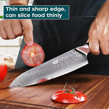 FINDKING Nebula Series Chef Knife with ABS Sheath, Multipurpose Japanese Gyuto Knife, 10Cr15CoMov Damascus Steel Blade, Resin and Figured Sycamore wood Handle, Full Tang, 8 Inch, Blue, for Meat