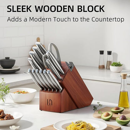 Knife Set Premium, Japanese High Carbon Stainless Steel 14 Pcs Kitchen Knives Block Set with Built-in Sharpener and Wood Block, Razor Sharp Knife Sets for Kitchen with Ergonomic Handle