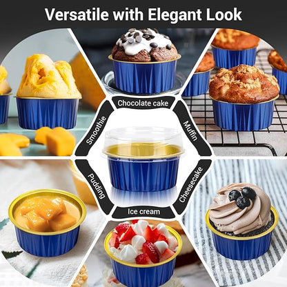 EUSOAR Disposable Ramekins with Lids, Royal Blue 50pcs 5oz Creme Brulee Ramekins Disposable, Muffin Liners Cups，Mini Cheesecake Foil Pans Dessert Containers with Lids for Party Favor Birthday