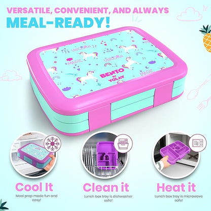 YOLAY Bento Box for Kids Lunch Box Leak-Proof, 5-Compartment Lunch Box Kids for Ages 3-10, Durable with Anti-Slip Base, Suitable for Schools, Outdoor and Travel (Unicorn)