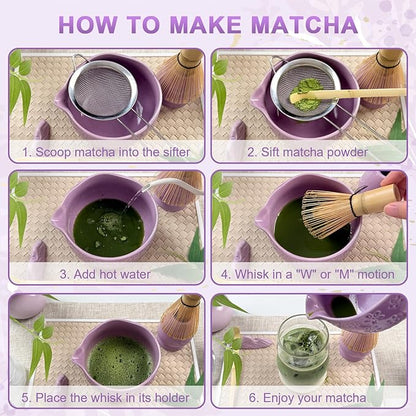 Matcha Set–7-Piece Set Including Matcha Bowl with Spout, Whisk, Chasen Holder, Sifter, Bamboo Scoop with Stand, wood spoon(Cherry Blossom Purple)–Perfect for Matcha Lovers&Tea Ceremonies