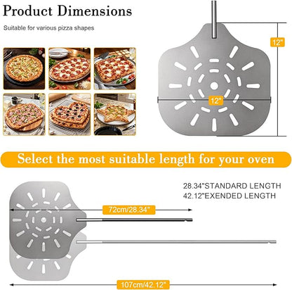 Pizza Peel 12" Metal Pizza Paddle with Adjustable 28"–42" Handle, Heat Resistant Pizza Spatula for Family Pizza Oven Baking Pizza, Dough, Bread