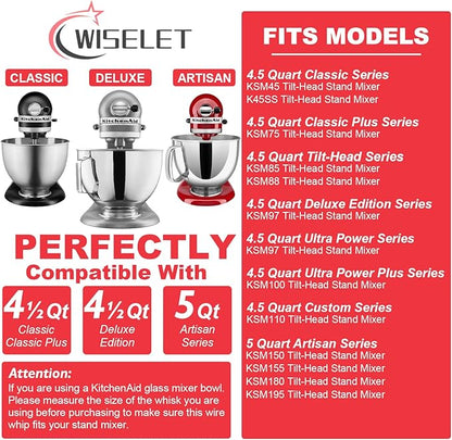 K45WW Stainless Steel Wire Whip for KitchenAid Artisan Series Tilt-Head Mixer 5 Quart Bowl, 6 Wire Whisk Fits for Artisan Mixer, Heavy Duty, Dishwasher Safe, Balloon Whisk