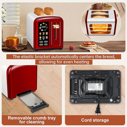 SEEDEEM Toaster 2 Slice with Touch Screen, Faster Heating Speed, 7 Shade Setting, 6 Bread Type, 1.5”Wide Slots Toaster, Removable Crumb Tray, 1350W, Dark Cherry