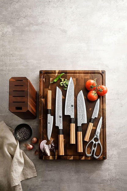 XINZUO Knife Block Set,Hand Forged 67 Layers Damascus Steel,7 Pieces Professional Chef Knife Set with Block&Kitchen Shear&Block, Razor Sharp, Olive Wood Octagonal Handle,Exquisite Box Package