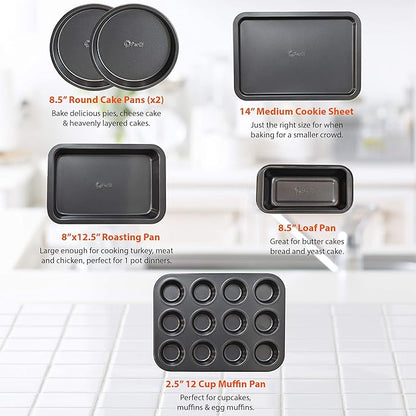 Perlli Baking Set 6 Nonstick Carbon Steel Oven Safe Gray PTFE PFOA Free Bakeware - Cookie Sheet, 2 Rounds, 12 Cup Muffin Pan, Roaster & Loaf Pan