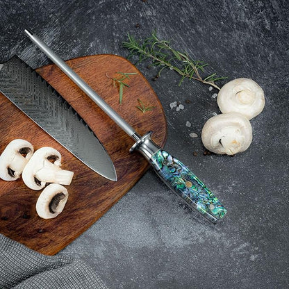 SENKEN Professional Emery Knife Sharpening Steel - Incredibly Strong Emery Rod for Sharpening & Honing Knives Up to 63 HRC Including All Damascus Knives ("Umi" Abalone Shell)