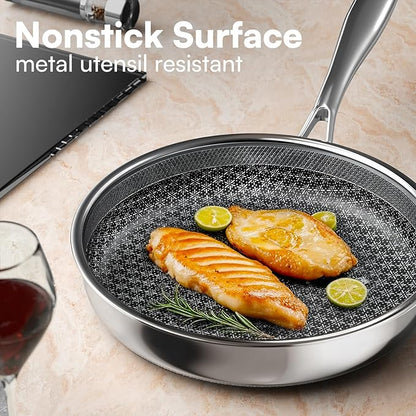 Non Stick Frying Pans with lid, 10 inch Hybrid Frying Pans Nonstick, non stick Stainless Steel Skillets, Dishwasher and Oven-Safe, nonStick Cookware, Induction Compatible Cooking Pan