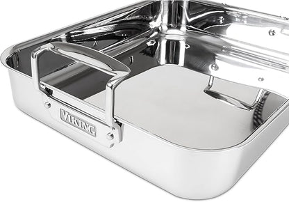 Viking 3-Ply Stainless Steel Roasting Pan with Non Stick Rack, 16 x 13 Inch Kitchen Cookware, Great for Turkey, Dishwasher and Oven Safe, Induction Ready, Silver