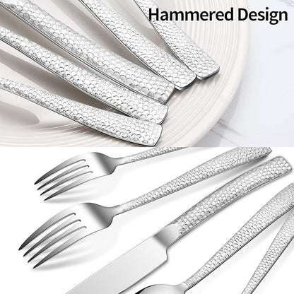 40-Piece Silverware Set, Silver Hammered Stainless Steel Flatware Sets for 8, Food-Grade Tableware Set, Including Fork Knife Spoon Set, Home Kitchen Cutlery Sets, Dishwasher Safe
