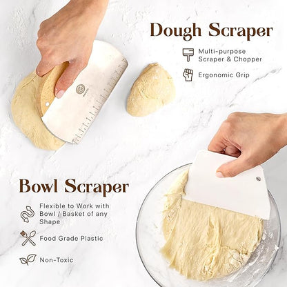 Sourdough Kit with Professional Bread Making Tools - Complete Sourdough Bread Making Kit with 10" Round & 11" Oval Handcrafted Bannetons, Bread Lame, Danish Whisk, Bowl & Dough Scrapers (14-Piece Kit)