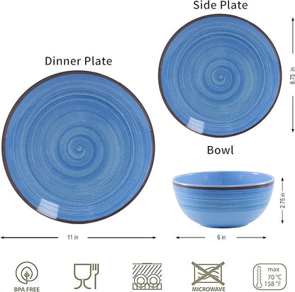 Melamine Dinnerware Set, Plates And Bowls Sets for 4, 12PCS Blue Color Dinnerware Sets, Unbreakable Dinnerware Dishwasher Safe BPA Free(Blue)