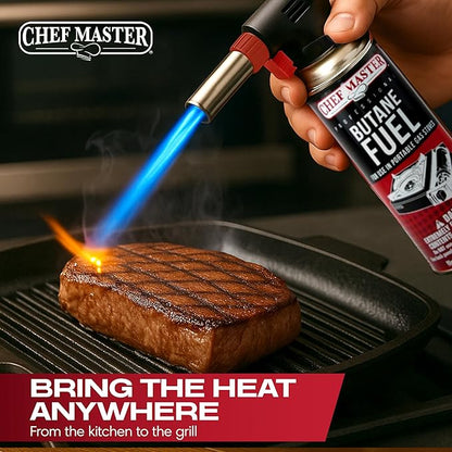 Butane Torch Lighter w/ 4 x 8oz. Butane Fuel Tin Canister Combo, Refillable Kitchen Torch & Adjustable Flame Cooking Torcher for Creme Brulee, Dessert, Meats, Indoor & Outdoor BBQ by Chef Master 90022