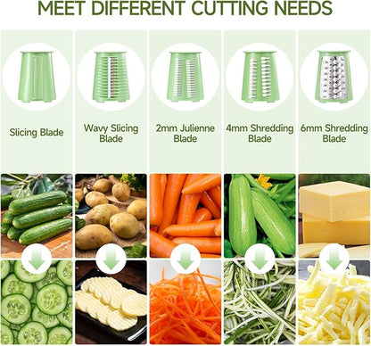 Xilrvna RotaryCheeseGrater,VegetableShredder 5 in 1 Cheese GraterwithHandleedderReinforcedSuction,EasytoClean,KitchenChopperforCrushedIce,Fruits and Nuts with Blade StorageCase（light green）