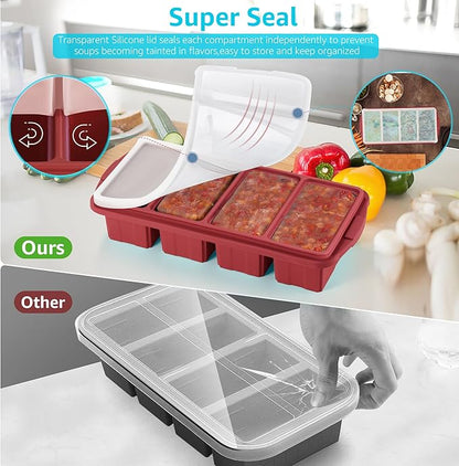 Silicone Freezer Tray With Lid - Silicone Freezer Food Molds- Large Ice Cube Tray,Silicone Freezer Container,Freeze & Store Soup, Sauce, Broth,Leftovers - Makes 4 Perfect 1 Cup