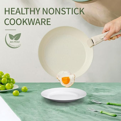 23pcs Ceramic Pots and Pans Set, Nonstick Detachable Handle Cookware, Induction Kitchen Cooking Set with Removable Handle,include Frying Pans & Saucepans Oven Safe, Induction, Stackable Set