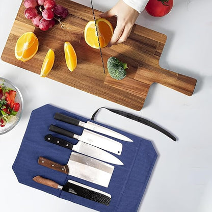 HERSENT A Chef's Knife Roll Bag - Portable Travel Chef Knife Case Carrier Holder Storage Bag With 4 Slots Best Gift For Pro Chef Or Culinary Enthusiasts Men Women HGJ03-P (Navy Blue)