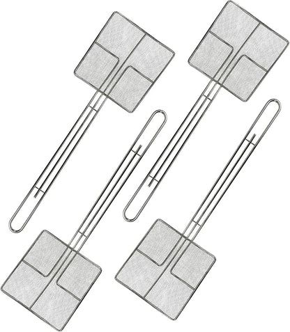 Wire Mesh Strainer with Long Handle | 4-Pack | 6.5" Square Frying Spoon | Cooking Oil Strainer for Deep Fryer & Professional Restaurant Use | Commercial Grease Skimmer