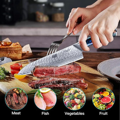 FINDKING Nebula Series Chef Knife with ABS Sheath, Multipurpose Japanese Gyuto Knife, 10Cr15CoMov Damascus Steel Blade, Resin and Figured Sycamore wood Handle, Full Tang, 8 Inch, Blue, for Meat