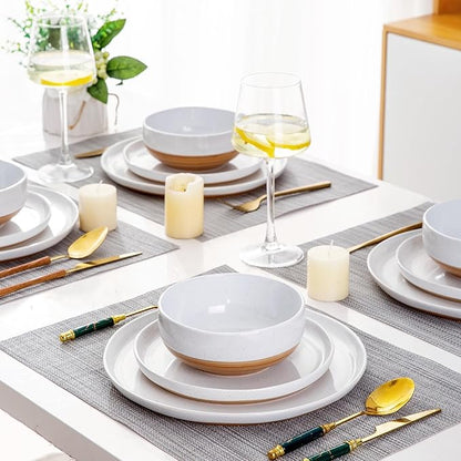 AmorArc Ceramic Dinnerware Sets for 8, 24 Pieces Handpainted Plates and Bowls Set with Rustic Terracotta Underside, Scratch Resistant Stoneware Dishes Set, Dishwasher & Microwave Safe, White
