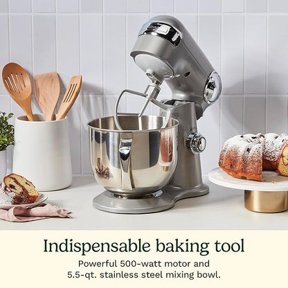 Cuisinart Stand Mixer, 12 Speeds, 5.5-Quart Mixing Bowl, Chef's Whisk, Flat Mixing Paddle, Dough Hook, and Splash Guard with Pour Spout, Silver Lining, SM-50BC, Silver Lining