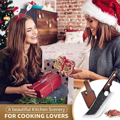 Hand Forged Meat Cleaver Knife Fathers Butcher Knives for Meat Cutting Full Tang Chef Knife with Belt Sheath and Gift Box High Carbon Steel for Kitchen or Camping, Gift for Dad