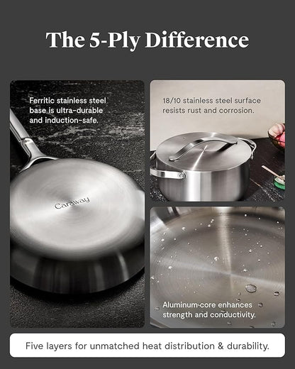 Caraway Stainless Steel Dutch Oven (6.5 Qt) - 5-Ply Stainless Steel - Oven Safe & Stovetop Agnostic - Non Toxic, PTFE & PFOA Free